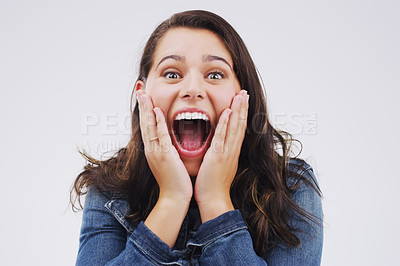 Buy stock photo Surprise, portrait and girl wow in studio for good news or gossip information, isolated and white background. Woman, hands on face and omg or shock for announcement, expression and reaction for sale.