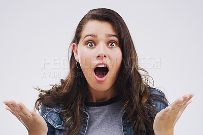 Buy stock photo Woman, portrait and shock in studio for news, gossip and wtf or omg for sale on white background. Female person, surprise and overwhelmed for deal or info, open mouth and wow or mind blown and what