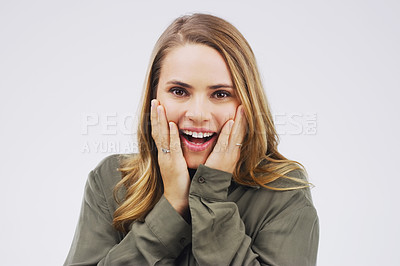 Buy stock photo Woman, portrait and shock in studio for fake news, sale and wtf or omg for prize on white background. Female person, surprise and overwhelmed or wow for info, winner and discount or excited for deal