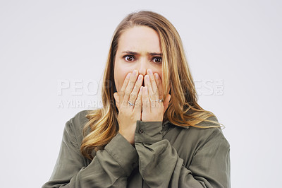 Buy stock photo Woman, portrait and shock in studio for fear, alarm and wtf or omg for risk on white background. Female person, surprise and overwhelmed for news or info, worry and panic for rumor or confession