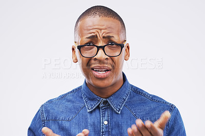 Buy stock photo Black person, studio or shocked in portrait with glasses for conversation, surprise or doubt with confusion. Male model, confused or speaking with hands, communication with people and question