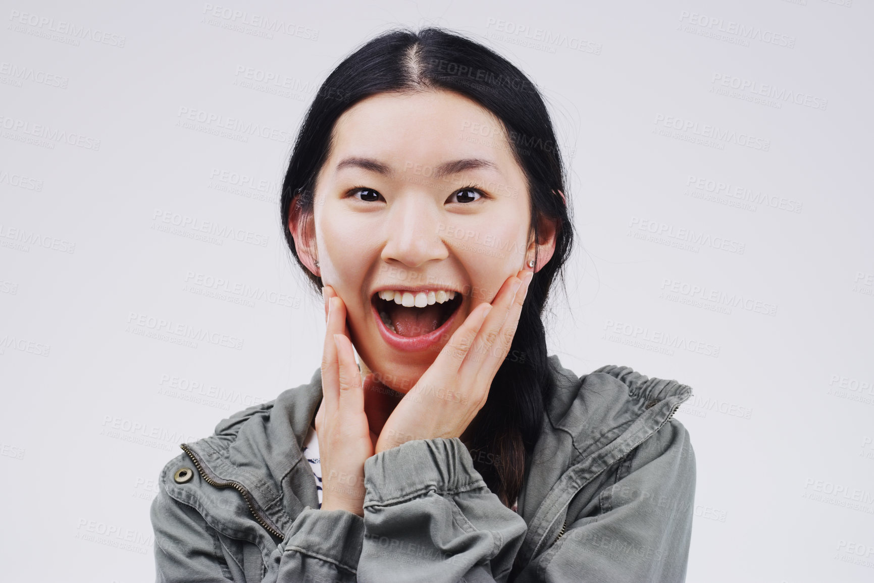 Buy stock photo Asian woman, portrait and shock in studio for sale, giveaway and wtf or omg for prize on white background. Female person, surprise and overwhelmed for news, winner and discount or excited for deal