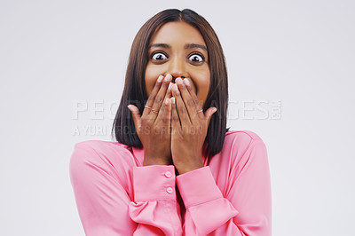 Buy stock photo Indian woman, portrait and shock in studio for news, giveaway and wtf or omg on white background. Female person, surprise and cover mouth for deal, prize winner and discount or sale and excited