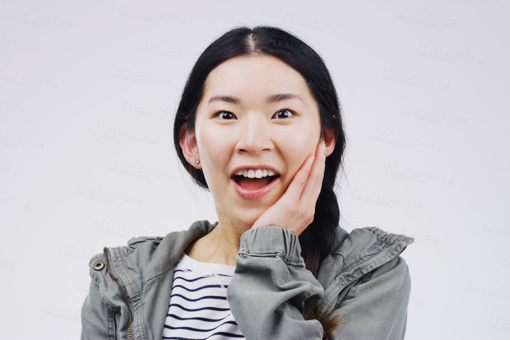 Buy stock photo Studio, shock and asian woman in portrait with face, wow or mind blown with good news. Happy, female person and surprise reaction for announcement, lottery or competition prize on white background