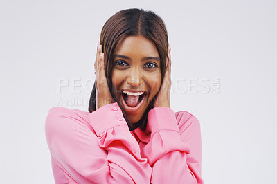 Buy stock photo Indian woman, portrait and shock in studio or sale, giveaway and wtf for prize on white background. Female person, surprise and overwhelmed for news, winner and wow discount or excited for deal