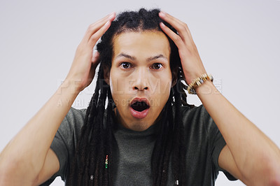 Buy stock photo African man, dreadlocks and wow in studio for news, gossip or announcement by white background. Male person, shock and surprise with omg reaction, mind blown and speechless expression with emotion