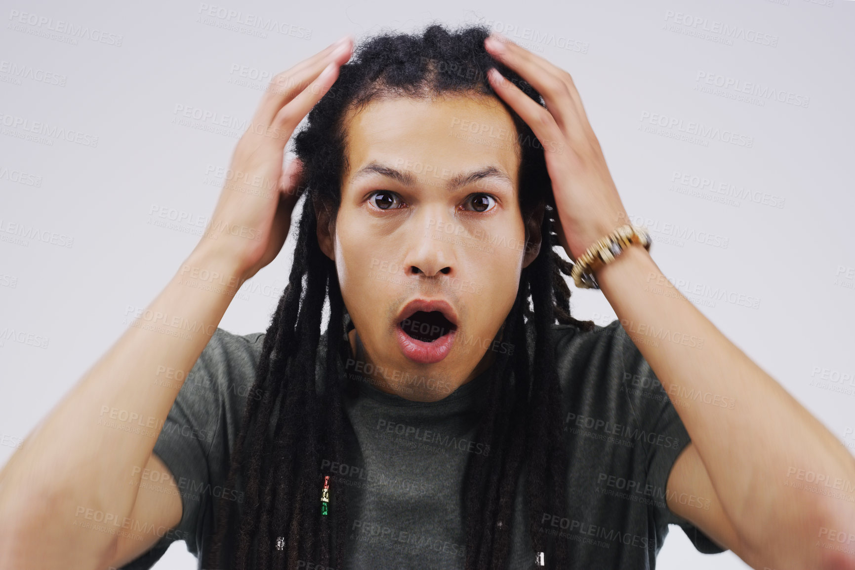 Buy stock photo African man, dreadlocks and wow in studio for news, gossip or announcement by white background. Male person, shock and surprise with omg reaction, mind blown and speechless expression with emotion