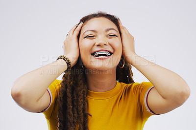 Buy stock photo Smile, hands and portrait of woman in studio for announcement, compliment or good news with braces. Female person, happy and reaction with surprise for giveaway, promo or deal and on white background