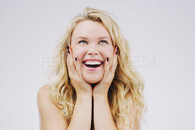 Buy stock photo Surprise, hands and woman in studio with thinking for good news, promo announcement and giveaway. Female person, happy and reaction with smile for discount, deal and notification on white background