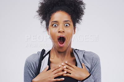 Buy stock photo Shocked, wow and black woman in studio portrait, announcement and surprised with news for deal. Emoji, discount and promotion sale with customer, background and omg or face expression for giveaway