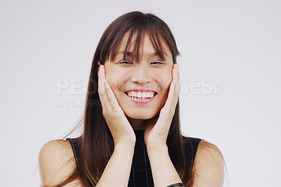 Buy stock photo Happy, surprise and portrait of woman in studio for good news, compliment or announcement. Asian person, smile and hands with reaction for prize, information or notification on white background