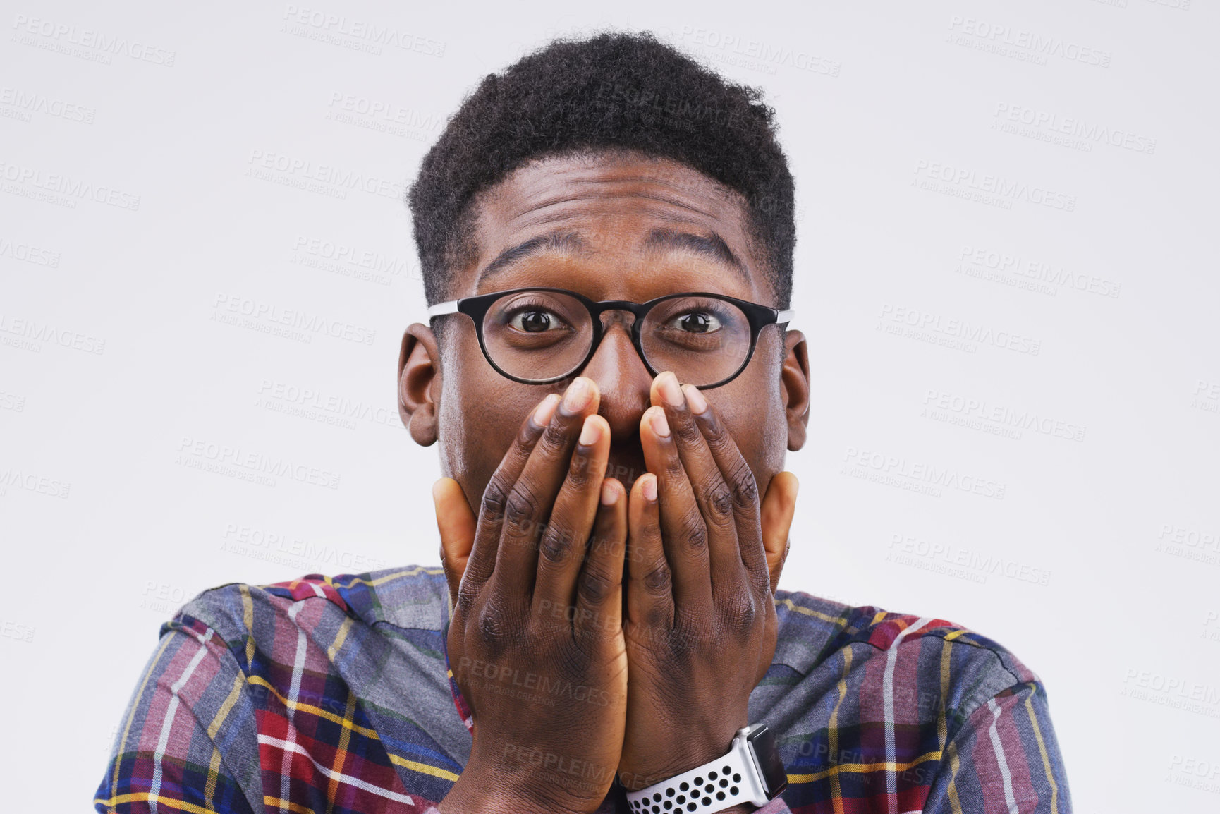 Buy stock photo Studio background, shocked and black man in portrait with mockup space, wow and mind blown with good news. Surprised, male person and omg reaction for announcement, lottery or competition prize