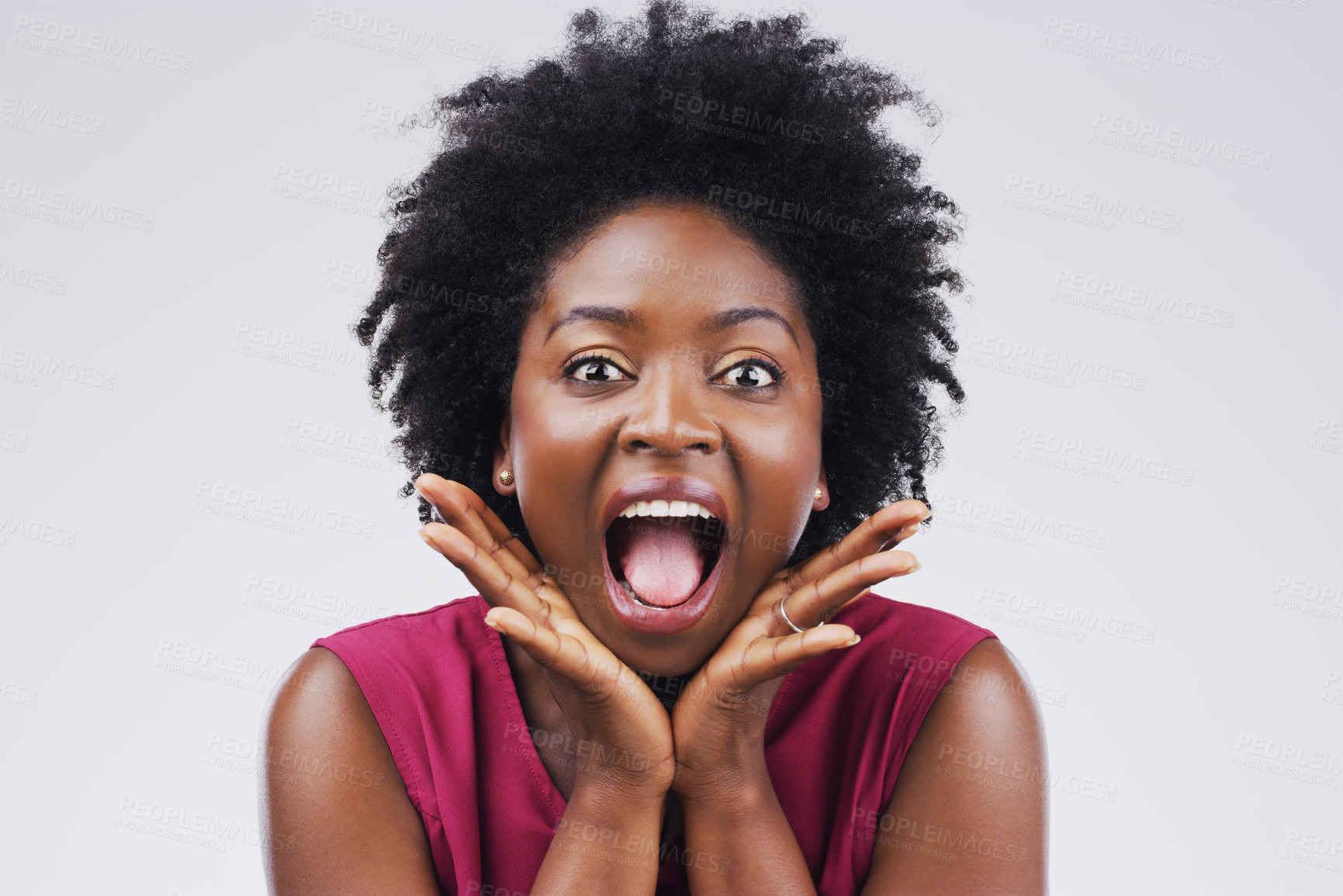 Buy stock photo Black woman, portrait and wow in studio for winning competition, gossip or announcement by white background. Female person, shock and afro with omg reaction, mind blown and speechless for good news