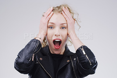Buy stock photo Shocked, wow and woman in studio portrait, announcement and surprised with news for deal. Emoji, discount and promotion sale with customer, background and omg or face expression for giveaway