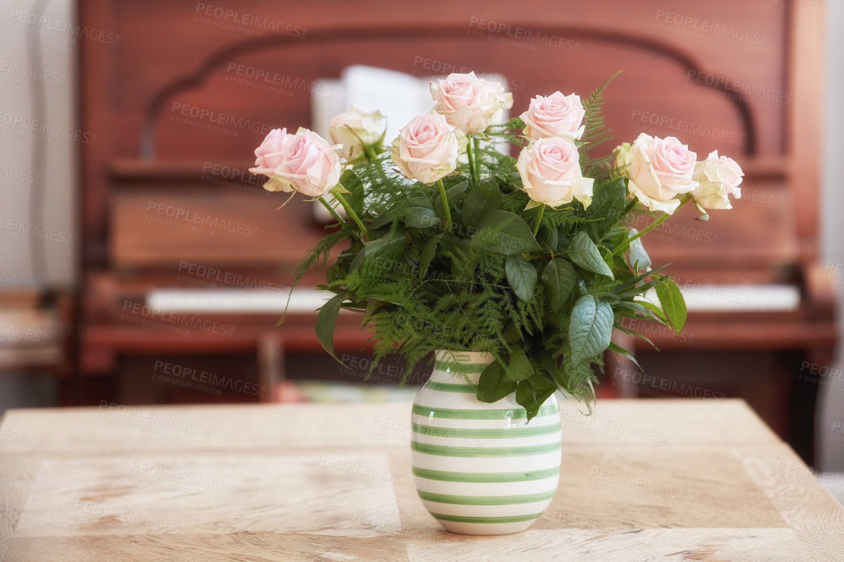Buy stock photo Bouquet, roses and vase for decoration at house as valentines day gift, flowers present and anniversary. Plants, floral arrangement and catering of special event, romantic gesture and interior design