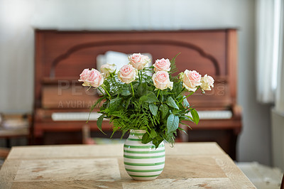 Buy stock photo Bouquet, flowers and vase for decoration at house as valentines day gift, roses present and anniversary. Plants, floral arrangement and catering of special event, romantic gesture and interior design