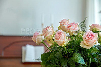 Buy stock photo Flowers, roses and vase of decoration at house as valentines day gift, natural present and anniversary. Bouquet, floral arrangement and catering of special event, romantic gesture and interior design