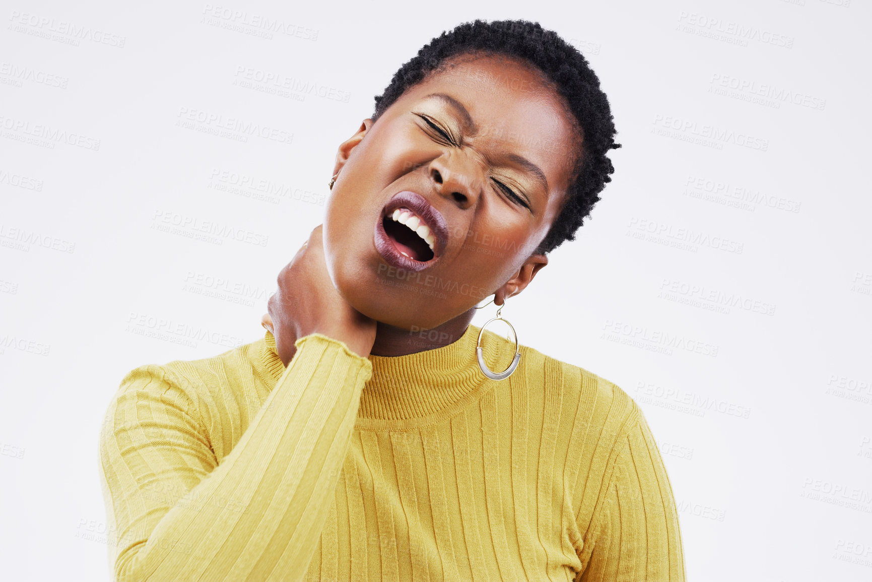 Buy stock photo Studio shot of a young woman suffering with a sore throat against a grey background