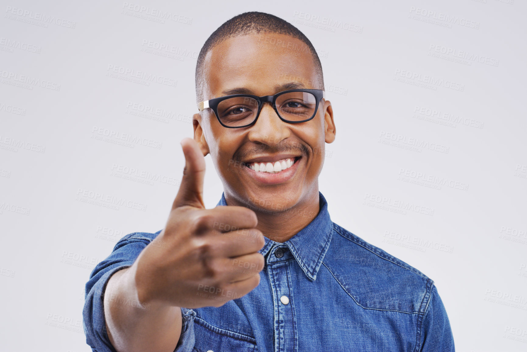 Buy stock photo Glasses, portrait and happy man with thumbs up in studio for thank you, support or eye exam motivation on white background. Vision, face or model with optometry service, vote or excellence guarantee