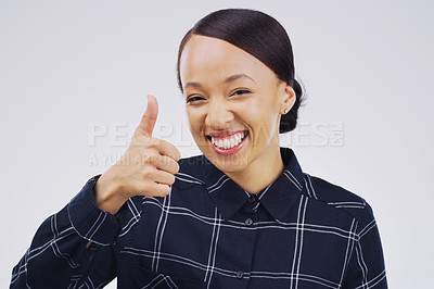 Buy stock photo Studio, portrait and  woman with thumbs up for agreement, deal and yes with mockup space. Approval, smile and happy girl with good hand gesture, satisfaction expression or sign by white background