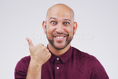 Buy stock photo Studio background, portrait and black man with thumbs up for agreement, deal and yes with mockup space. Approval, smile and happy male model with good hand gesture, support and sign by backdrop