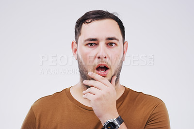 Buy stock photo Portrait, man and surprise in studio white background with body language for choice, thinking or confused. Male person, wonder or shock face with news for announcement, save the date and wow or omg