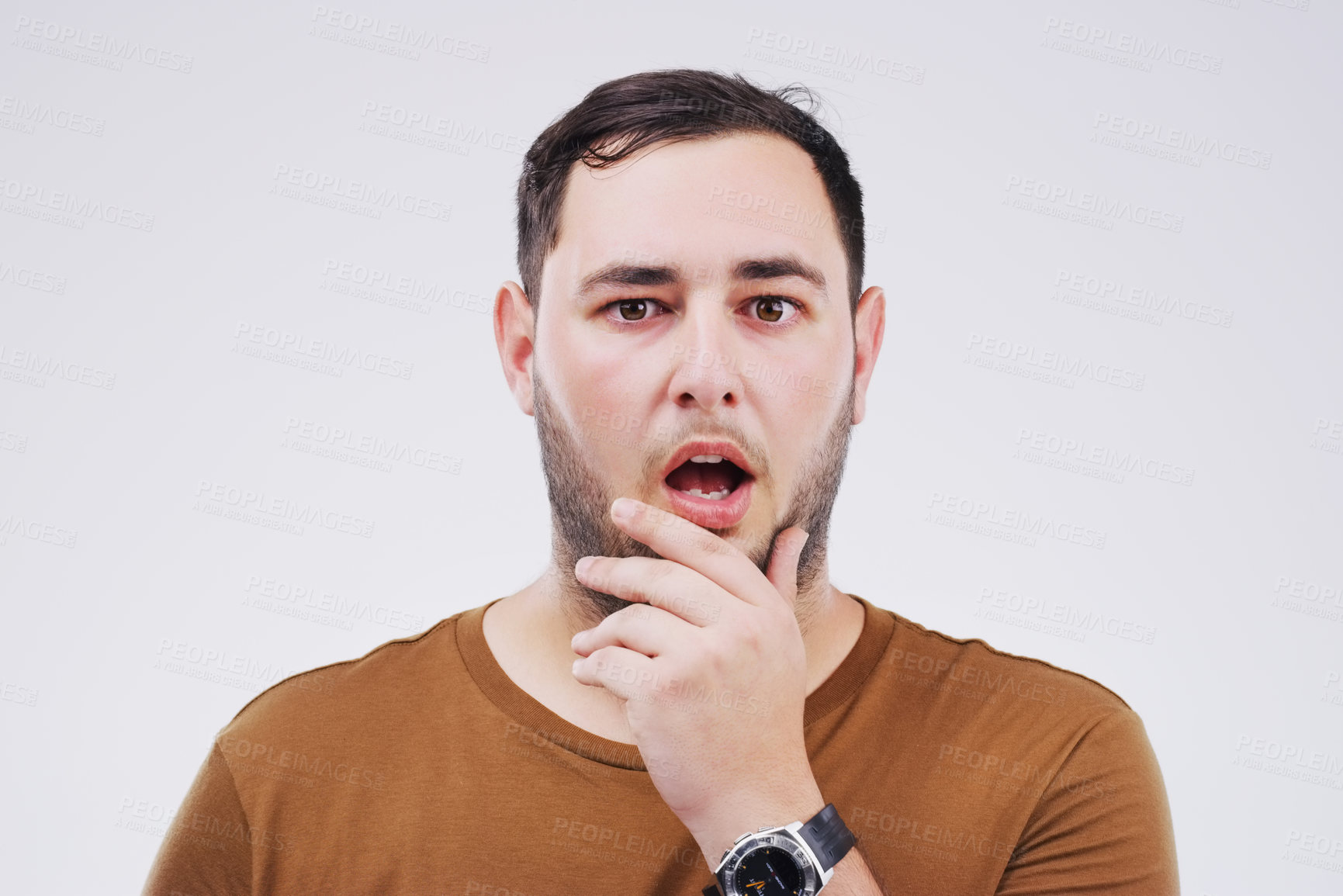 Buy stock photo Portrait, man and surprise in studio white background with body language for unsure, thinking or confused. Male person, wonder or shock face with news for announcement, discount or sale promotion