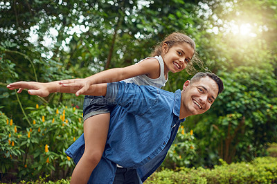 Buy stock photo Father, girl and happy with piggyback in garden at home for bonding, support and playing. People, parent and smile with kid on portrait at park for memories, care and child development or growth