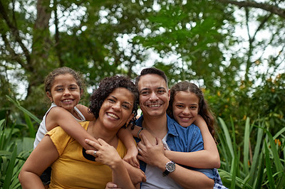 Buy stock photo Piggyback, love and happy family in park with smile or kids in nature garden for bonding together. Parents, dad and mom in home with care, joy or children siblings on holiday vacation in Portugal