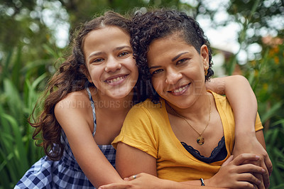 Buy stock photo Mother, girl and happy with hug in garden on portrait for bonding, love and support in Mexico. People, smile and parent with kid for memories, trust and care at park for child development or growth