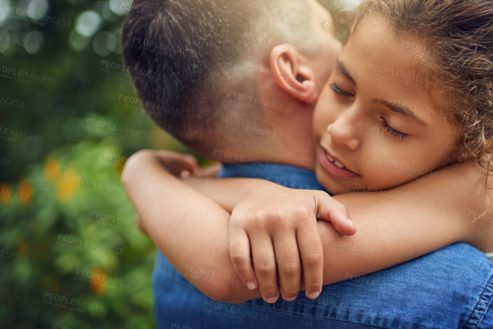 Buy stock photo Dad, girl and comfort with hug in garden for bonding, love and support at home. Outdoor, people and parent with kid as father for memories, trust and care at backyard for child development and growth