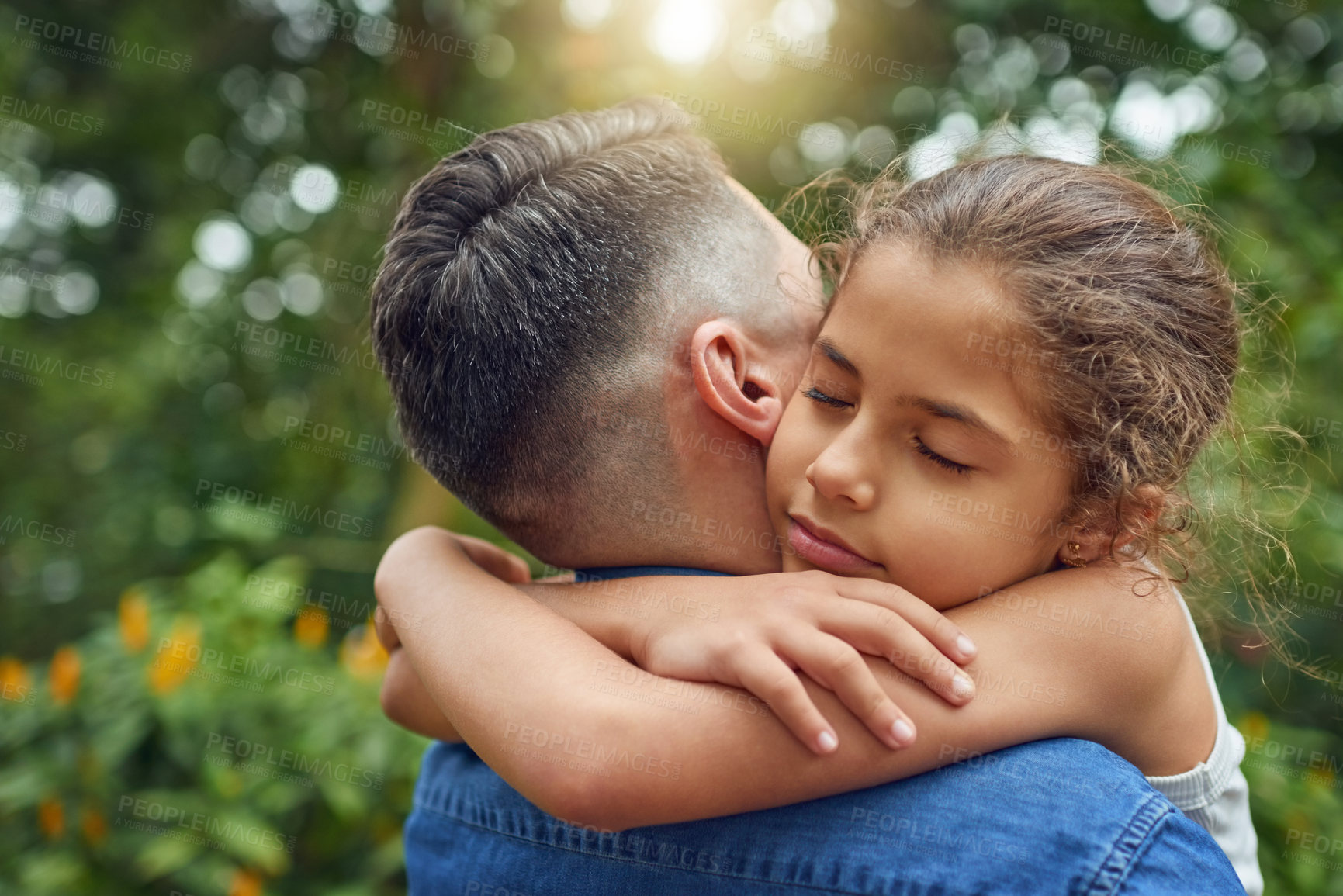 Buy stock photo Dad, girl and eyes closed with hug in garden for bonding, love and support at home. Outdoor, people and parent with kid as father for memories, trust and care at backyard for child development