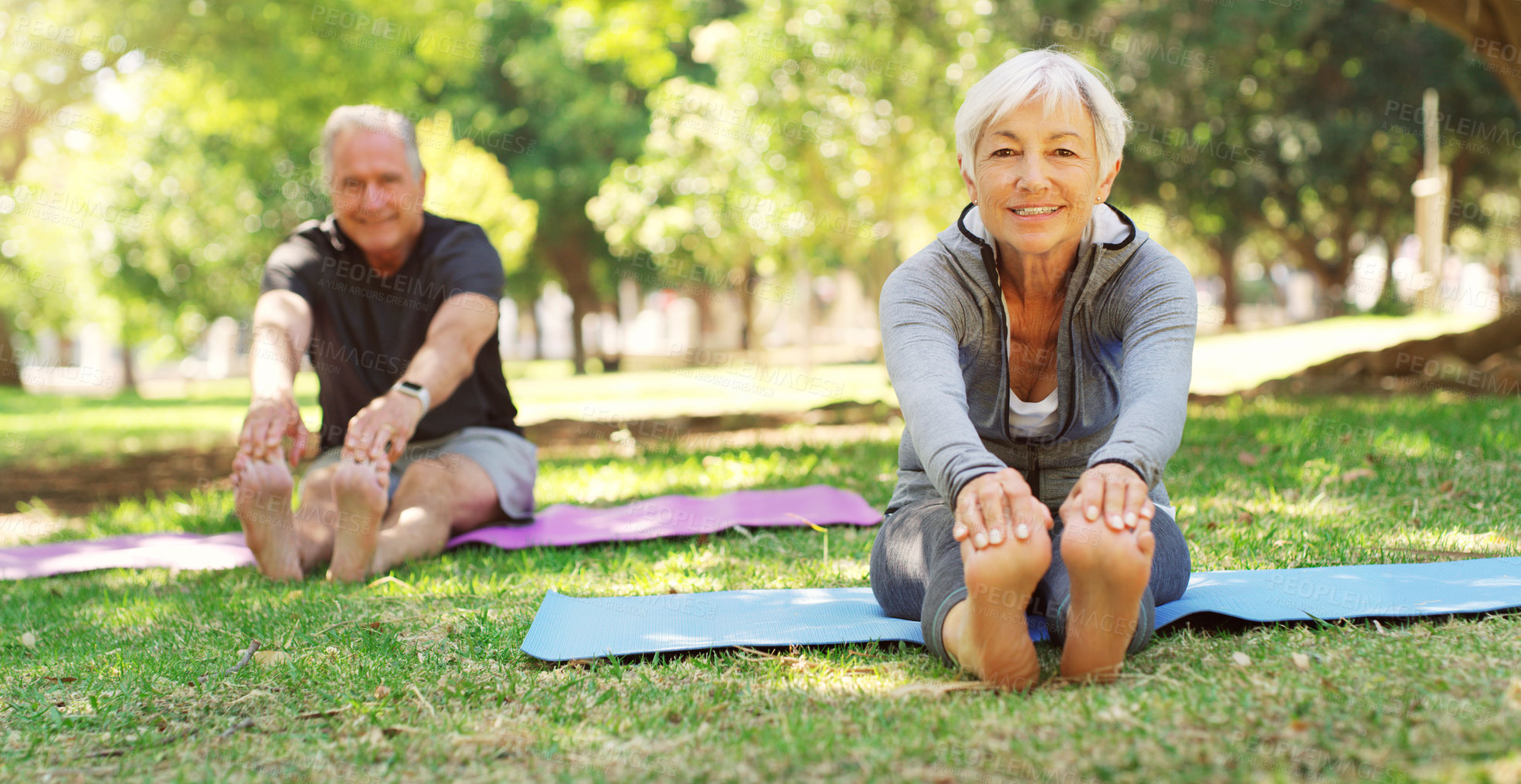Buy stock photo Portrait, yoga and senior couple in a park, meditation and exercise with sunshine, balance or wellness. Face, mature man or old woman with workout, fitness and outdoor with retirement and performance