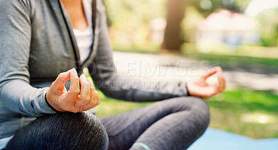 Buy stock photo Woman outdoor, yoga and meditation with lotus pose,  fitness in park with zen and spiritual healing. Female person hand, exercise in nature and meditate for health with wellness and mindfulness