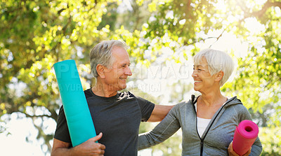 Buy stock photo Old couple outdoor, yoga and  fitness and hug in park, zen with spiritual healing and happiness. Marriage, retirement and people bonding with smile and exercise mat, nature and health with wellness