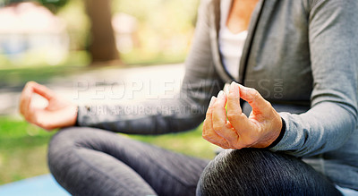 Buy stock photo Woman in park, yoga and meditation with lotus pose,  fitness outdoor with zen and spiritual healing. Female person hand, exercise in nature and meditate for health with wellness and mindfulness