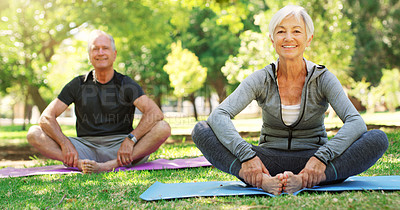 Buy stock photo Portrait, meditation and senior couple in a park, yoga and happiness with exercise, zen or workout. Face, mature man or old woman outdoor, smile or fitness with wellness, balance or healthy lifestyle