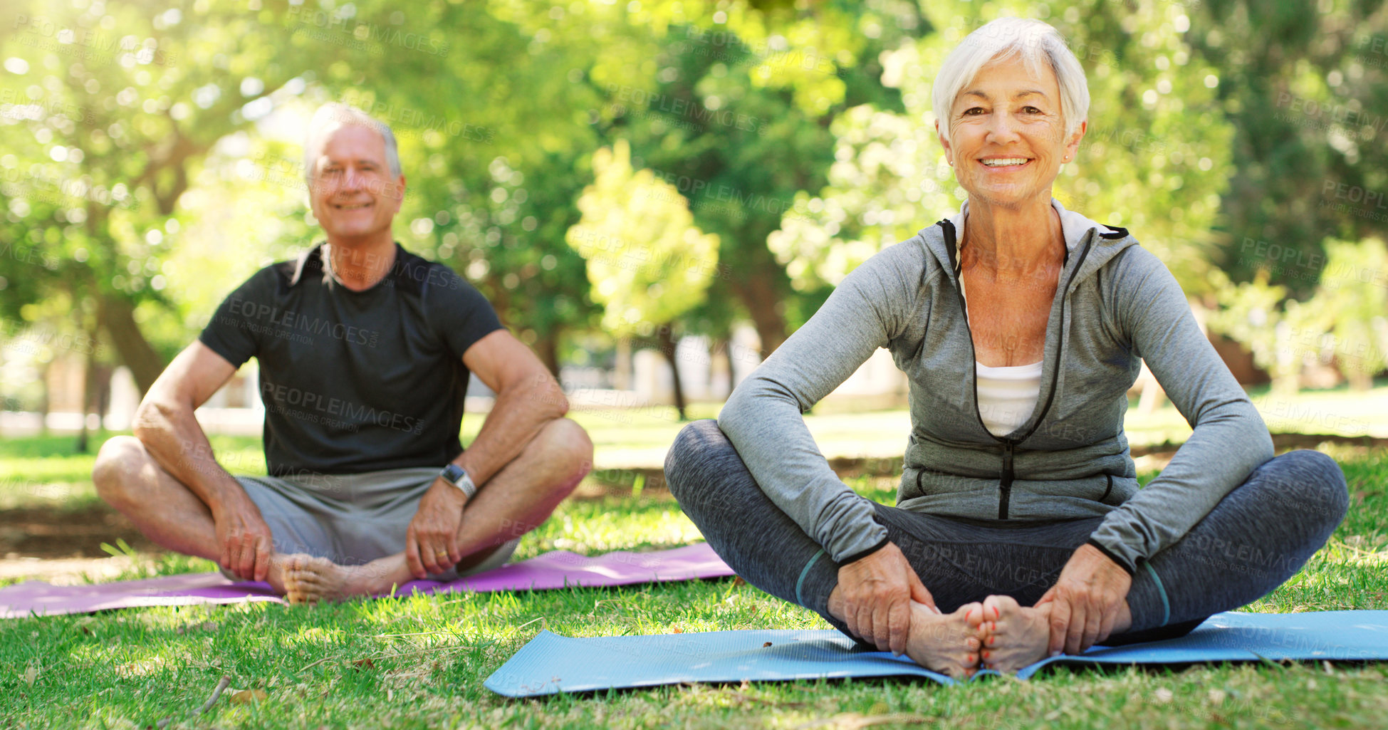 Buy stock photo Portrait, meditation and senior couple in a park, yoga and happiness with exercise, zen or workout. Face, mature man or old woman outdoor, smile or fitness with wellness, balance or healthy lifestyle