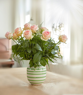 Buy stock photo Closeup of bouquet of pink roses in a vase, nature and flowers on living room table, gift for romance or friendship. Plant, botanical and symbol of love, natural and floral arrangement at home