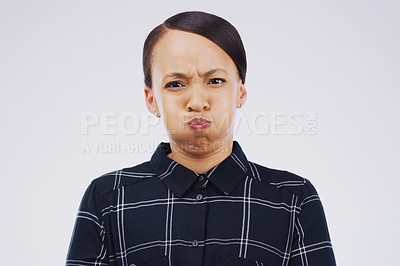 Buy stock photo Portrait, funny face and breath with a woman in studio on a gray background looking silly or goofy. Comedy, comic and frown with a crazy young female person joking indoor for quirky fun or humor