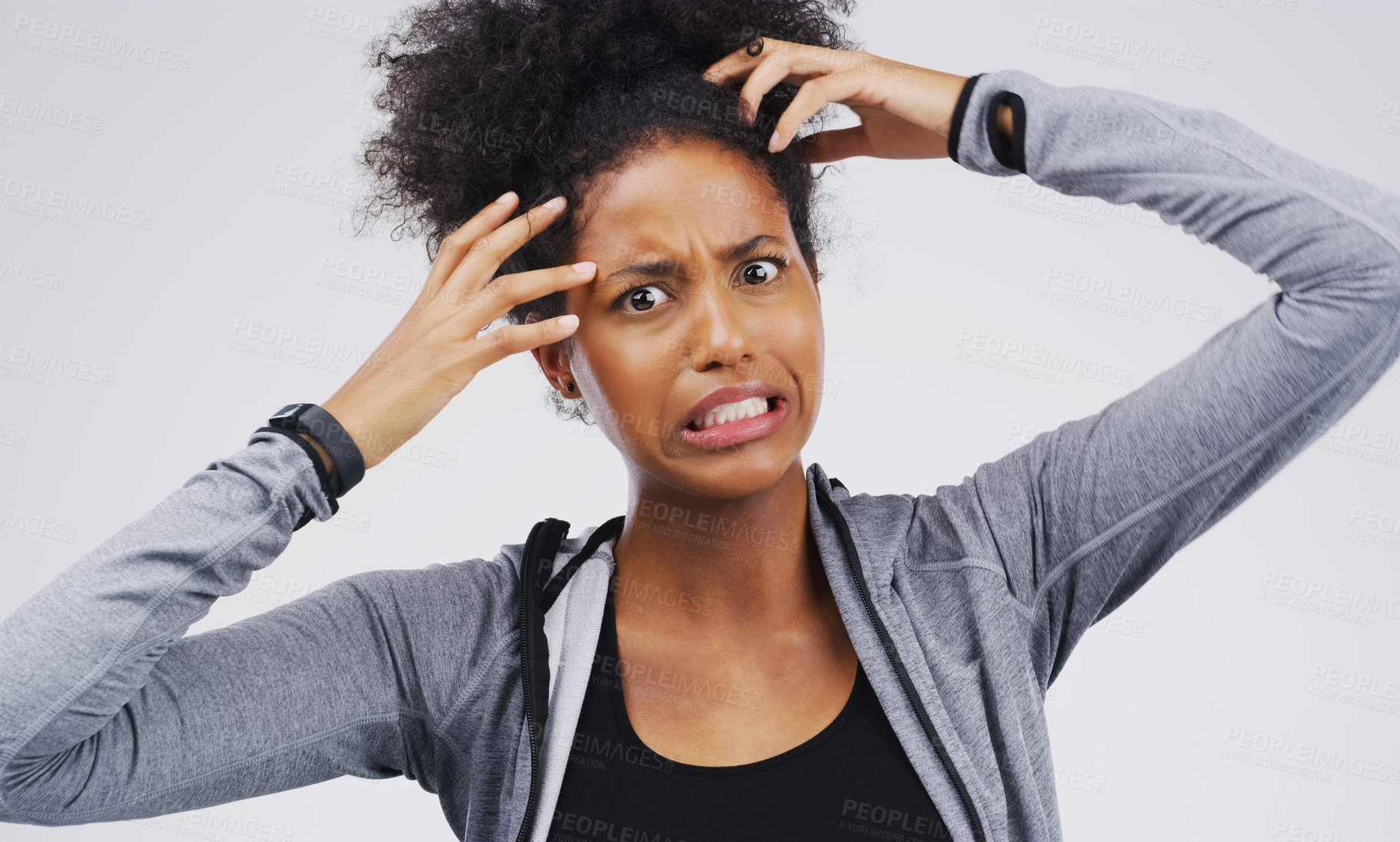 Buy stock photo Black woman, portrait and stress on white background for fear with mental health, frustrated and ptsd emotions. African female person, bipolar and scared in studio for anxiety and trauma crisis