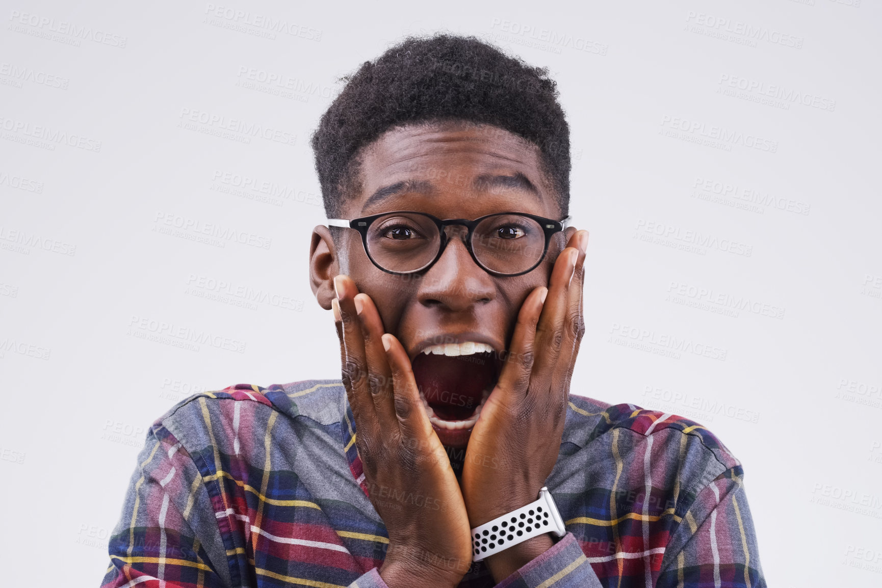 Buy stock photo Black man, portrait and shocked on studio background for wow with competition winner, prize giveaway and bonus. African male person, surprise and grey backdrop with omg for success, news and excited