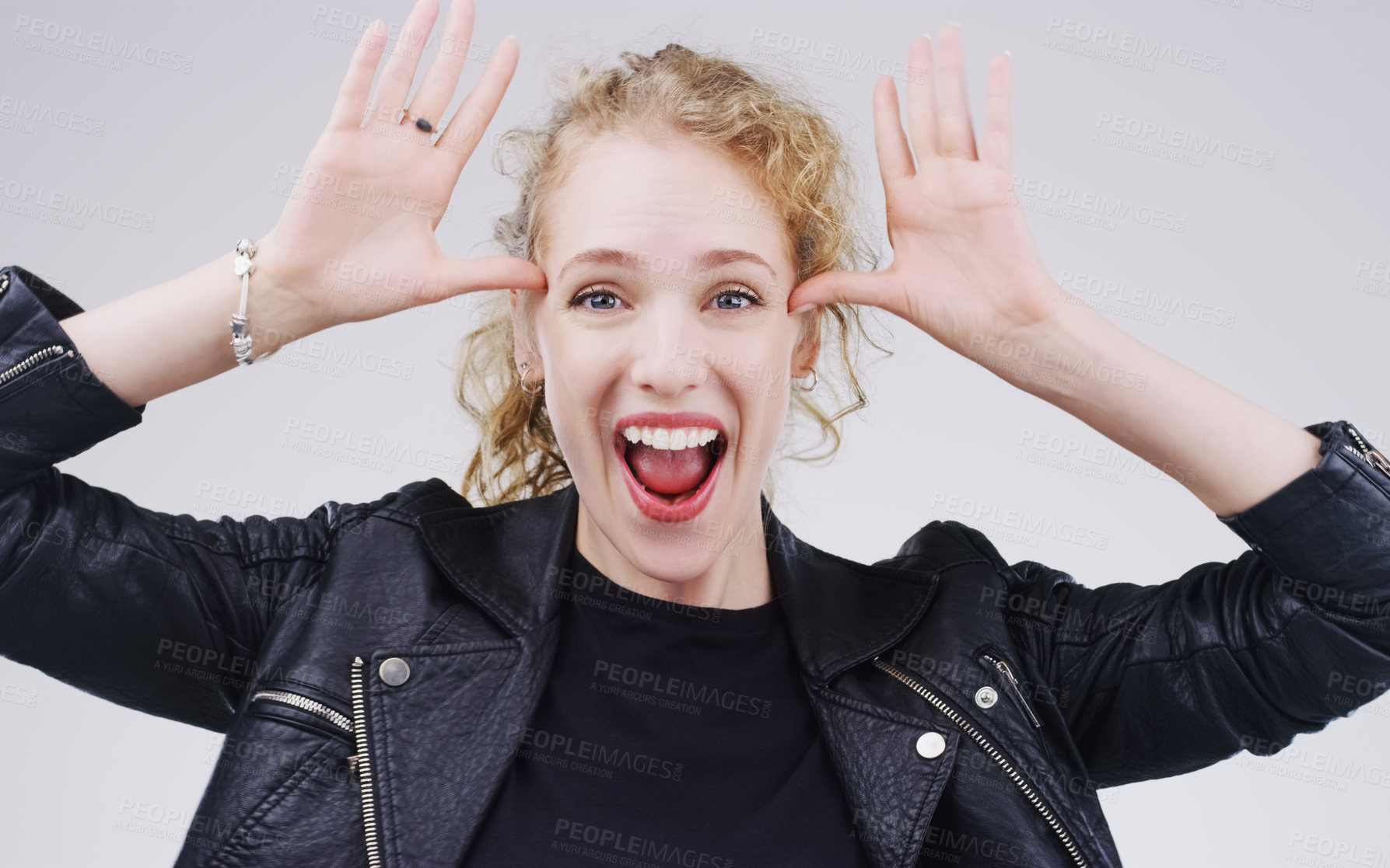 Buy stock photo Woman, crazy and portrait with funny face in studio for comic, comedy and silly emoji by white background. Female person, goofy and hand on head for joke, good mood and facial expression on backdrop 