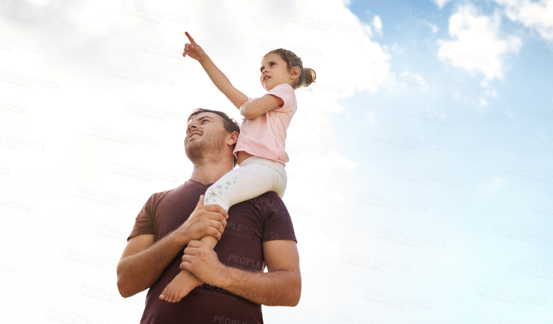 Buy stock photo Sky, dad and kid on shoulder with pointing for bonding adventure, growth and development for children. Support, father and girl with outdoor view, showing and fun learning together on weekend morning