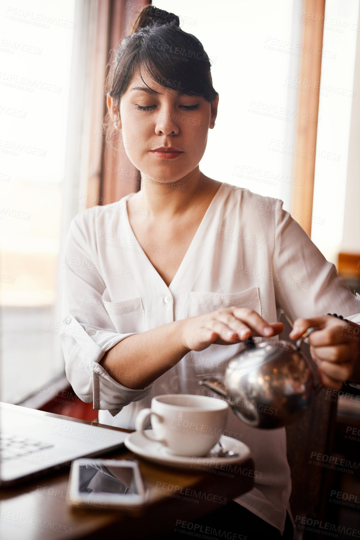 Buy stock photo Relax, woman and pour tea in coffee shop for drink, beverage and remote work on laptop. Pot, cafe and customer prepare latte, espresso and fresh brew with freelancer at self service restaurant table