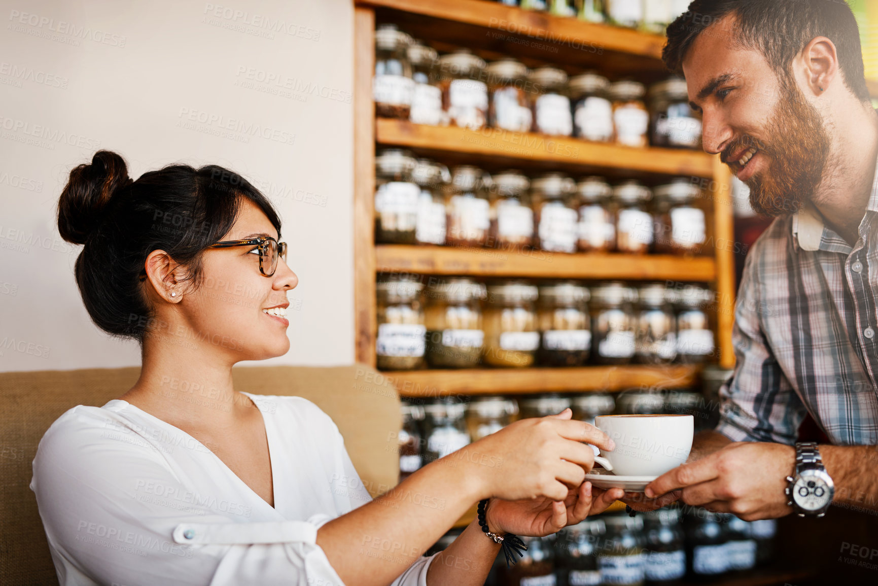 Buy stock photo Woman, man and waiter with coffee cup, service and smile with drink, catering and helping at diner. Barista, server and happy for giving tea with customer experience, order and choice at cafeteria