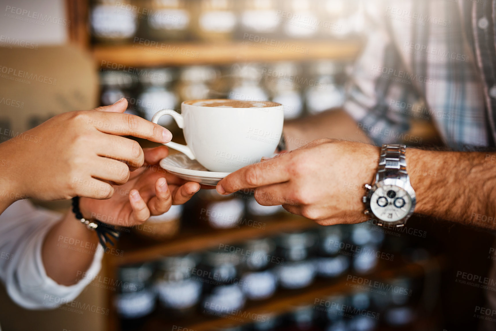 Buy stock photo Hands, customer and waiter with coffee cup, cafe and latte with drink, catering and helping at diner. Barista, server and closeup for giving tea with service, order or choice in morning at restaurant