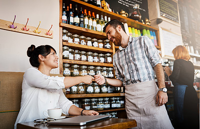 Buy stock photo Happy woman, coffee shop and payment with credit card for customer service, financial transaction or banking. Barista, order and giving money in cafe for tip, b2c shopping and purchase at restaurant