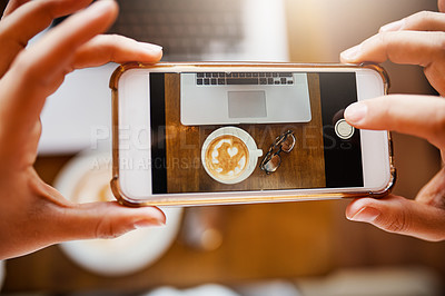 Buy stock photo Person, phone screen and photography at cafe, hands and picture for social media update on table. Influencer, espresso and online for blog or review restaurant for target audience, travel and cup