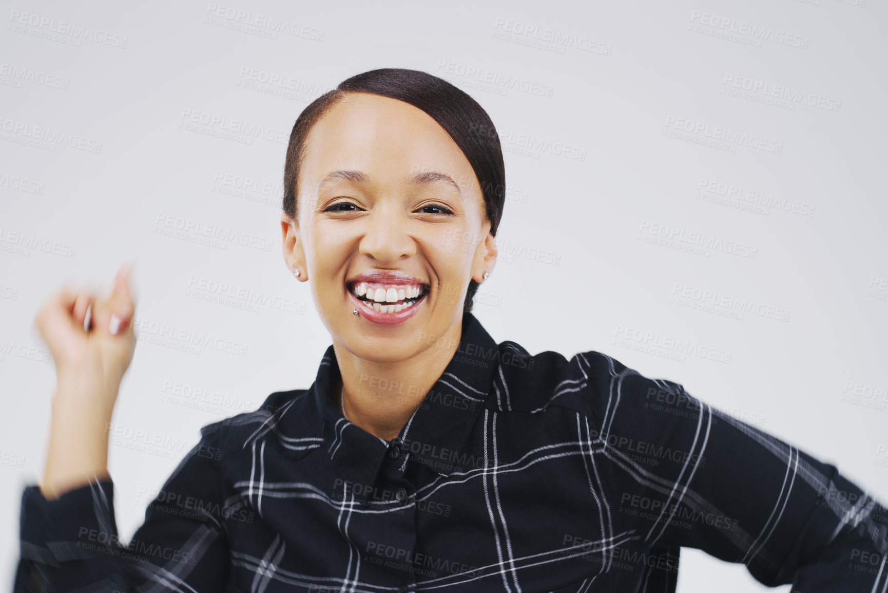 Buy stock photo Dancing, excited and portrait of black woman in studio for celebration, winning prize or promotion with white background. Movement, happiness and person for satisfaction, good news or stress relief